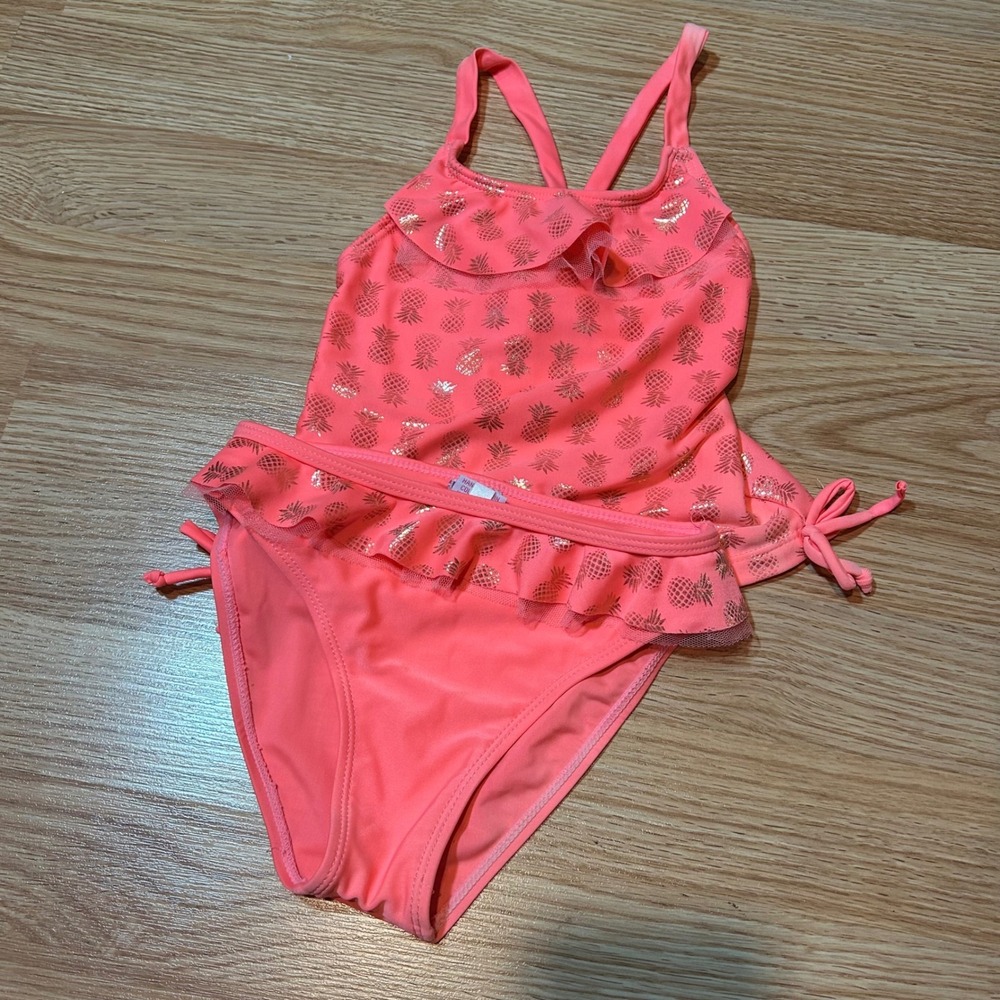 Real Love Girls 4T Tankini Swimsuit Pink Coral Gold Pineapple Ruffle 2 Piece Set